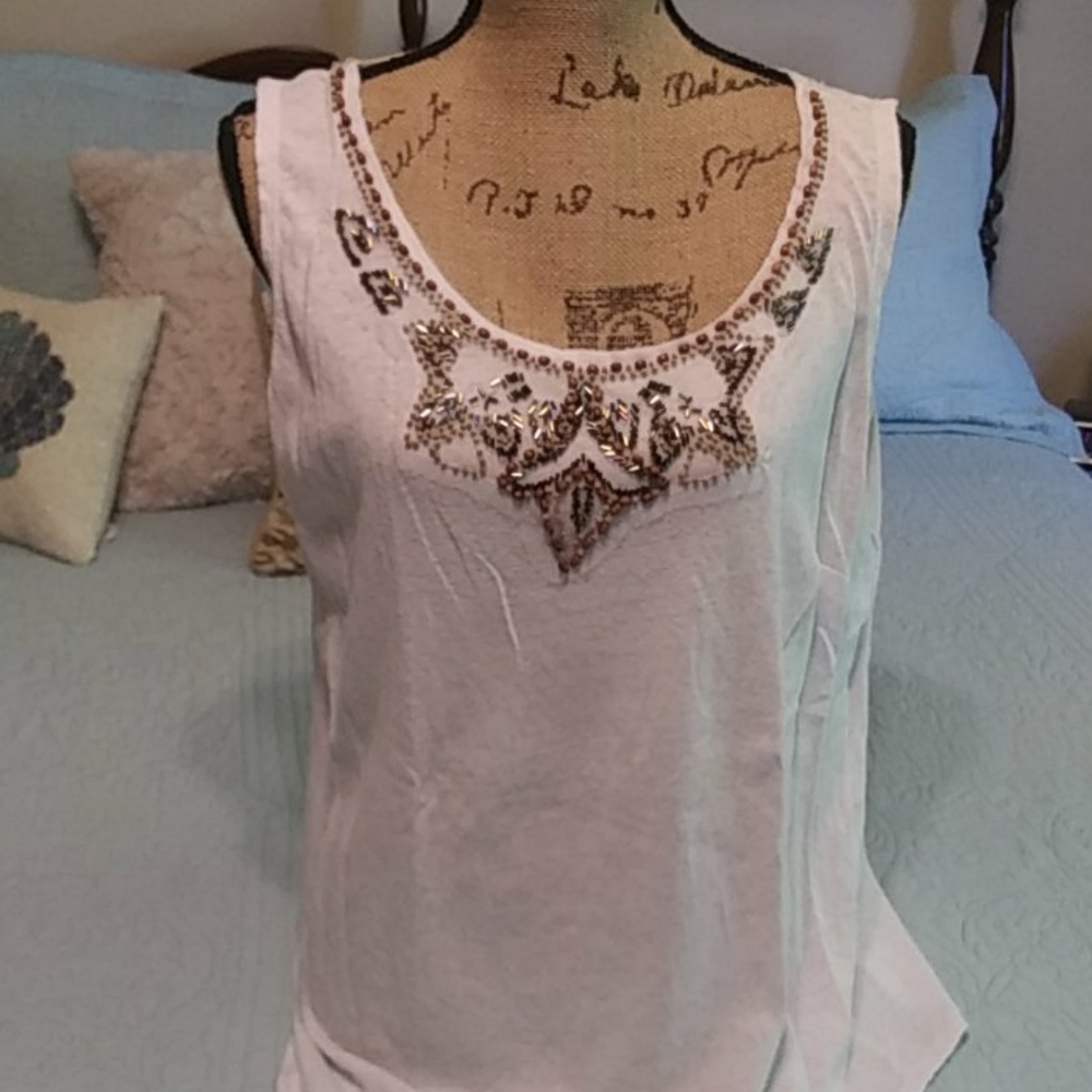 White linen blend embellished tank